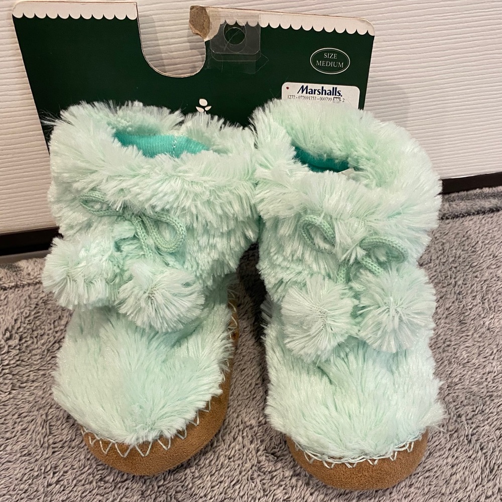 Kids Fuzzy Teal Slippers